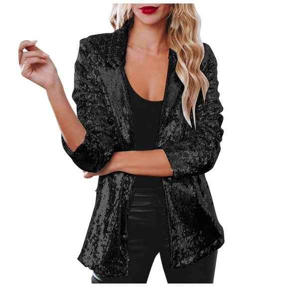 sertiohcv Women Blazer Women Jacket Casual Long Sleeve Glitter Party Shiny Lapel Coat Outerwear Black,Size L
