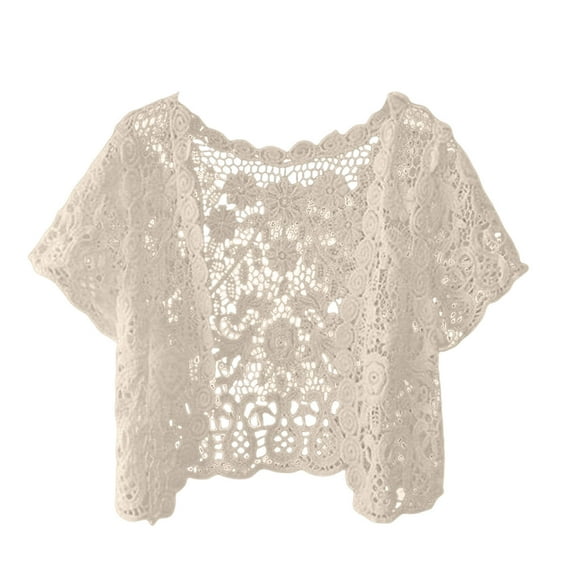 sertiohcv Women Crochet Cardigan Shrugs for Women Chiffon Bolero Shrug Short Sleeve Open Front Summer Cropped Cardigan for Dresses Size for One Size,Beige