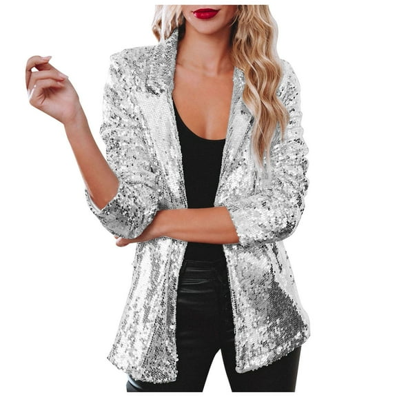 sertiohcv Women's Blazers & Suit Jackets Women Jacket Casual Long Sleeve Glitter Party Shiny Lapel Coat Outerwear Silver,Size M