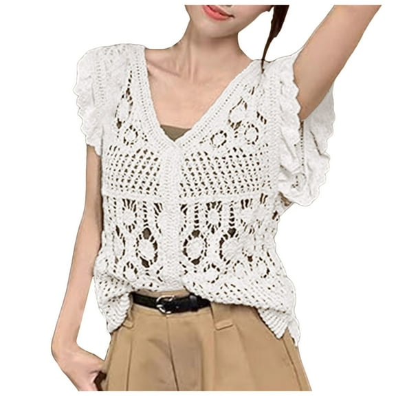 sertiohcv Women's Knit Cardigan Sweater Women Summer Short Sleeve Lace Shrug Hollow Out Crochet Knit Bolero Cardigan V-Neck Button Down Sheer Crop Top Jacket Beachwear Size for One Size,White