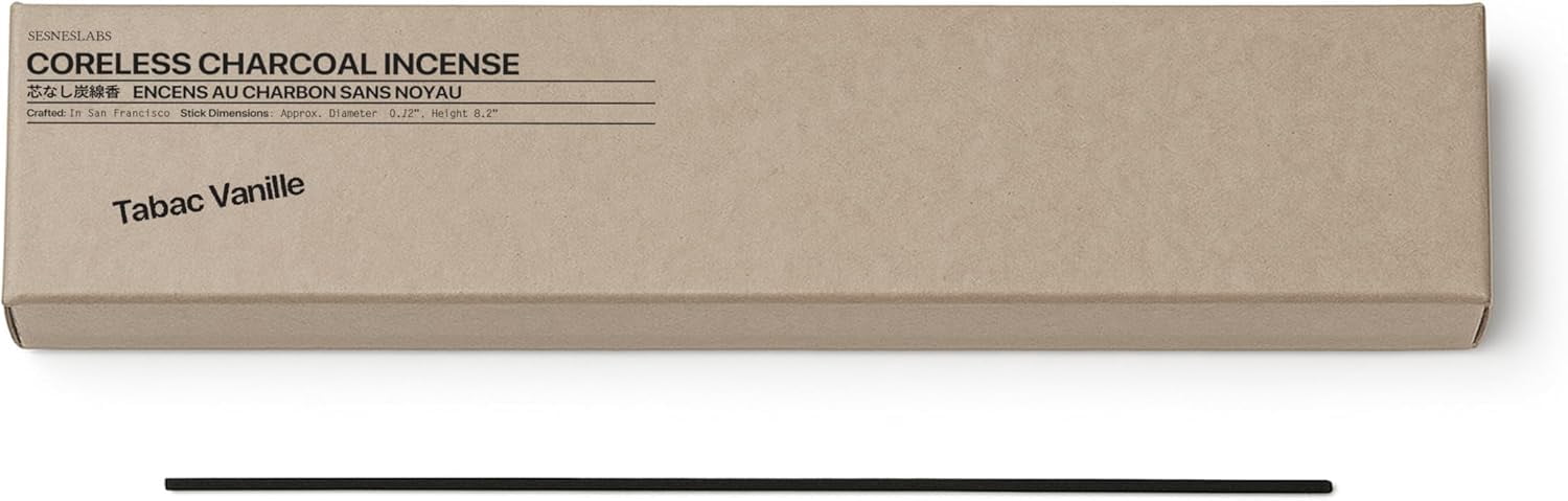 sesneslabs Tabac Vanille Coreless Pure Incense Sticks, Artisan-Crafted Niche Scent, Exclusive Low-Smoke Bamboo Charcoal Formula, Clean-Burning, 1-Hour Burn Time, 20 Sticks
