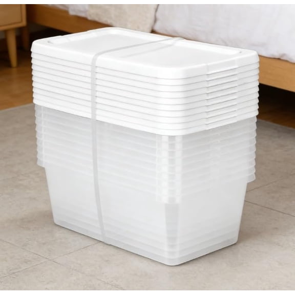 A set of 10 stackable 6-quart clear storage boxes, white snap-on lid plastic storage boxes, modern style, sturdy and durable, suitable for wardrobes and shelves.