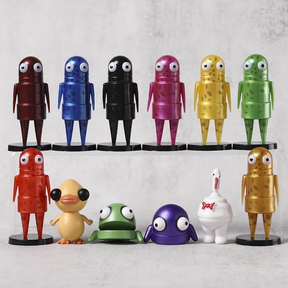 A set of 12 horror game character PVC figurines - cute chibi-style desk ornaments, brightly colored, ideal for game room decoration and gifting. Durable PVC material.