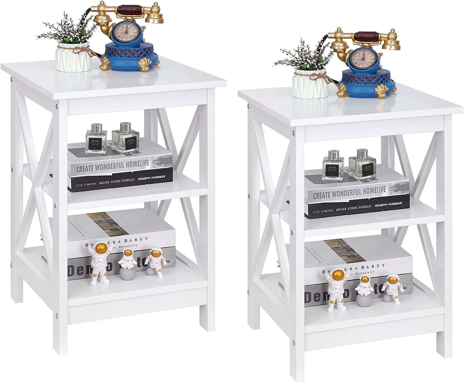 **set of 2 end table 3-tier x-design side table with storage shelves ...