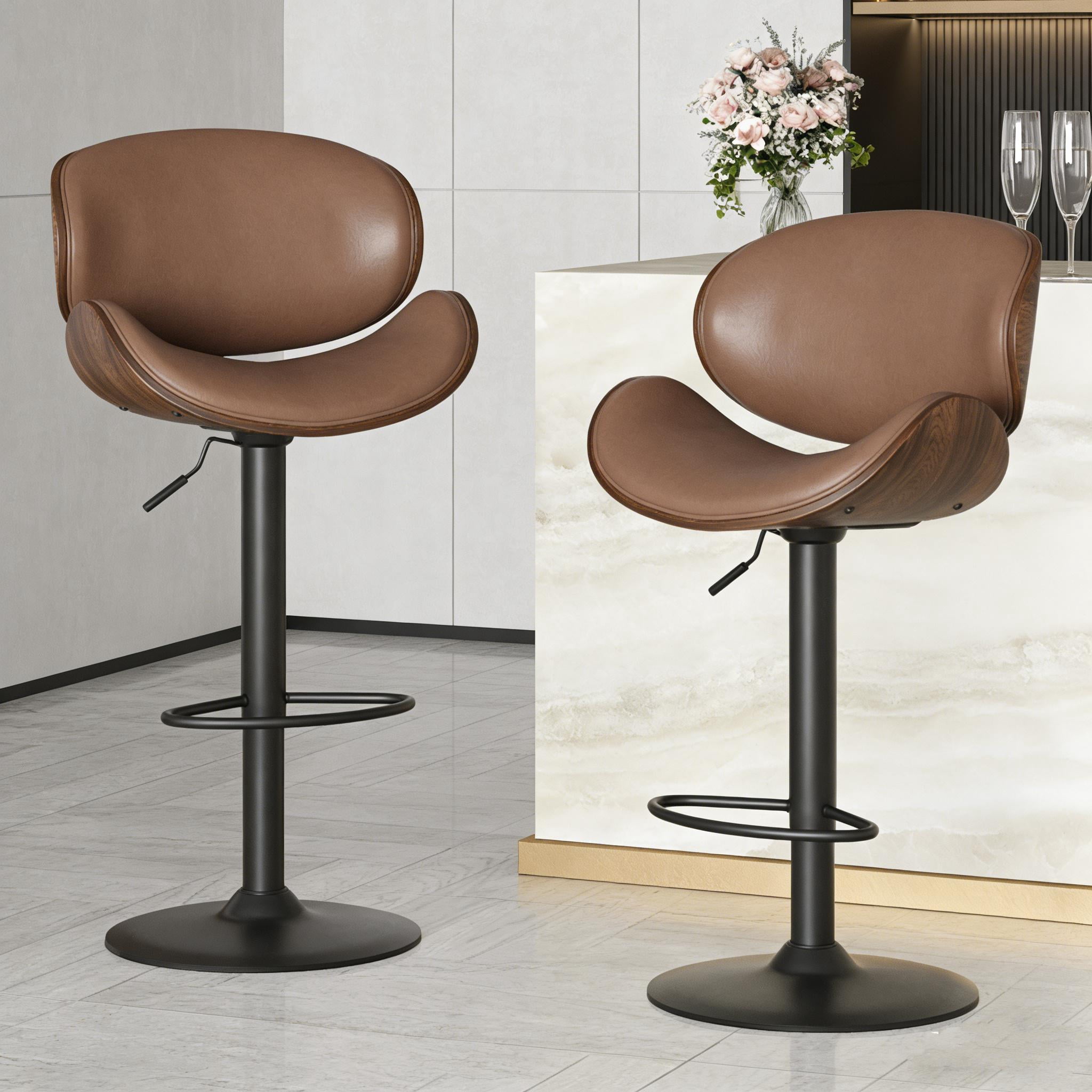 A set of 2 height-adjustable swivel bar stools with PU leather seats and backrests, featuring footrests, suitable for kitchen bar counters or home bars