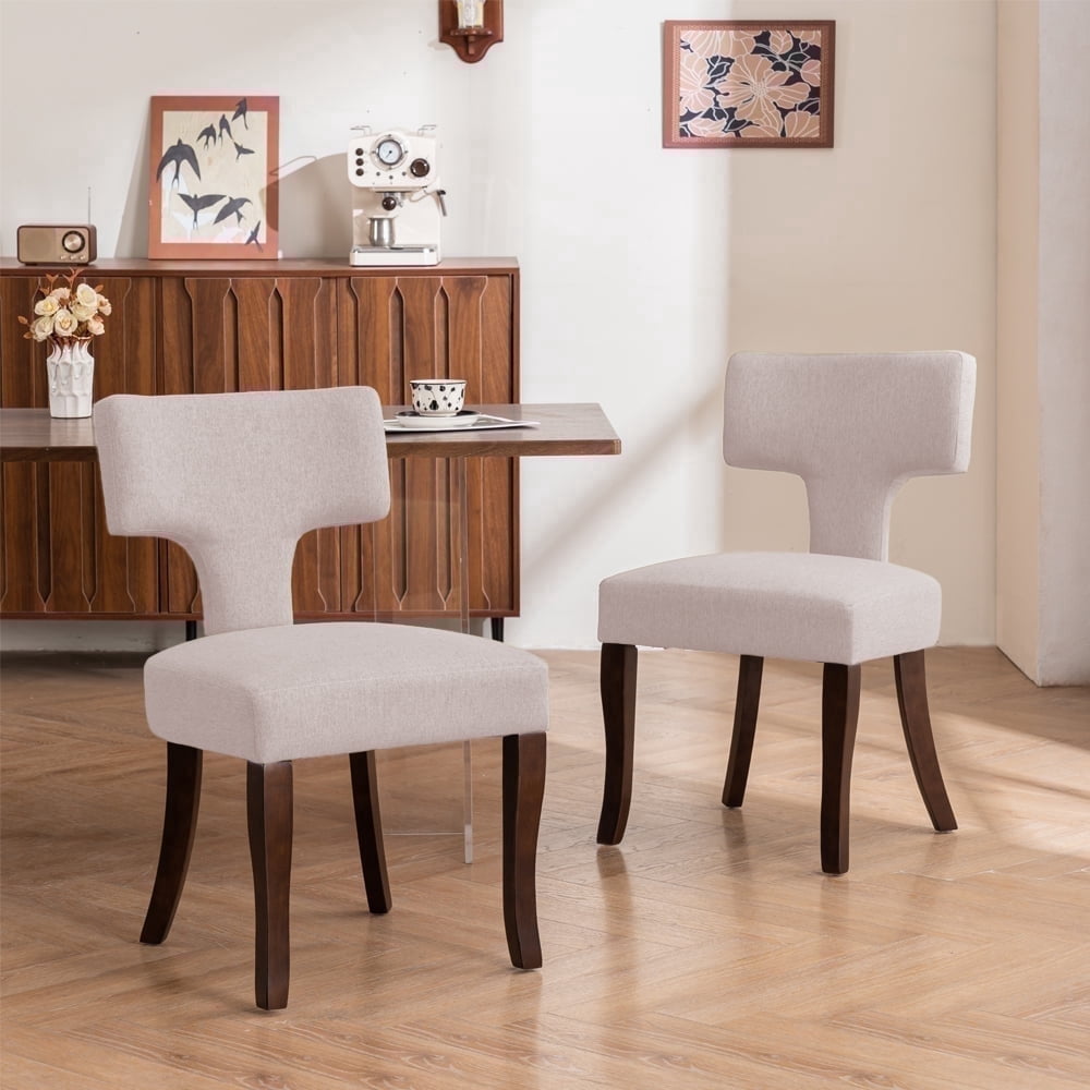 Mid Century Modern Wooden Dining Chairs Set of 2, Upholstered Side Dining Chairs with Curved Back Linen Fabric Armless Wood Chairs Kitchen & Dining Room Farmhouse Chairs (White)