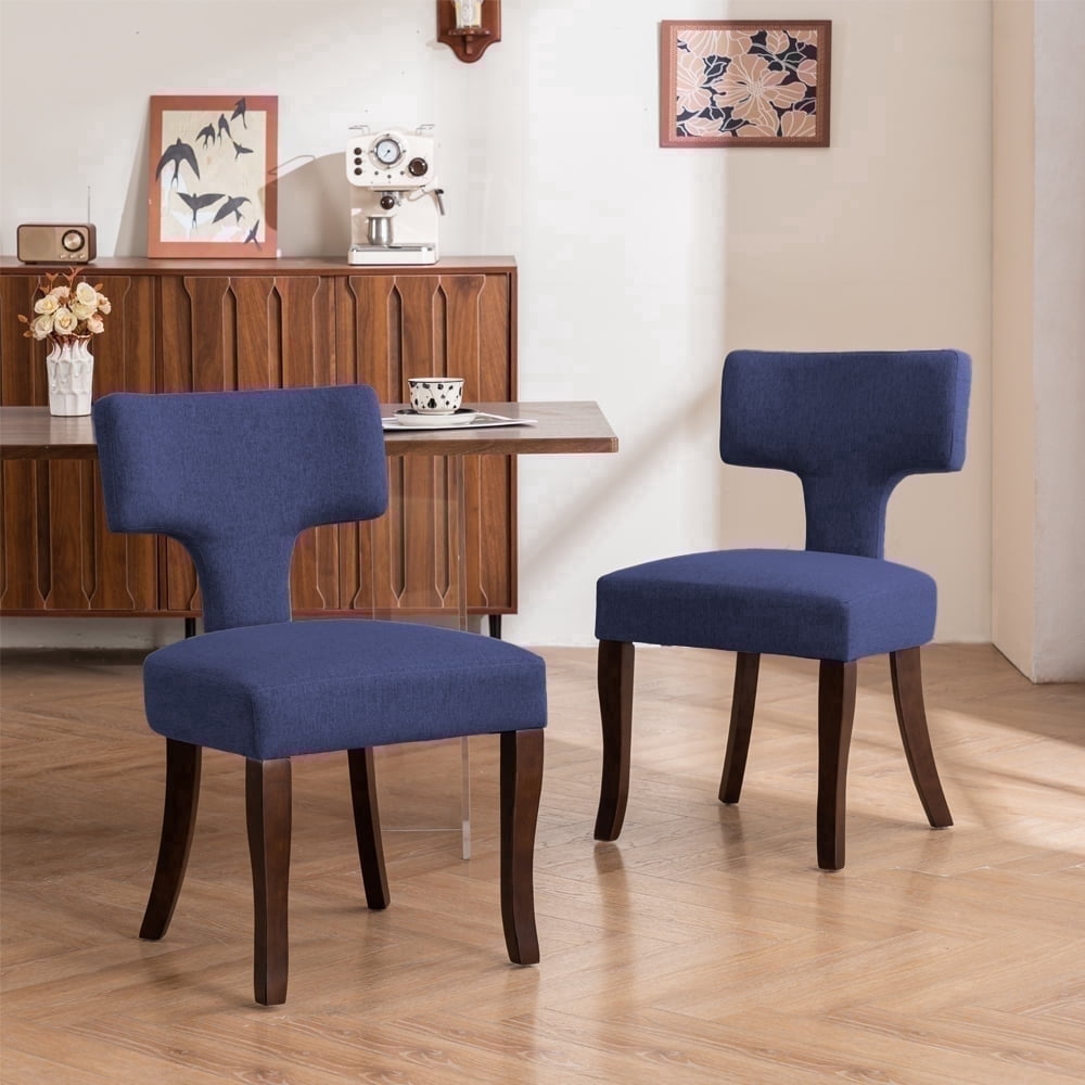 ENYLAY Mid Century Modern Wooden Dining Chairs Set of 2 , Linen Upholstered Armless Wooden Chairs with Curved Backrest for Farmhouse Kitchen/Dining Room (Blue)