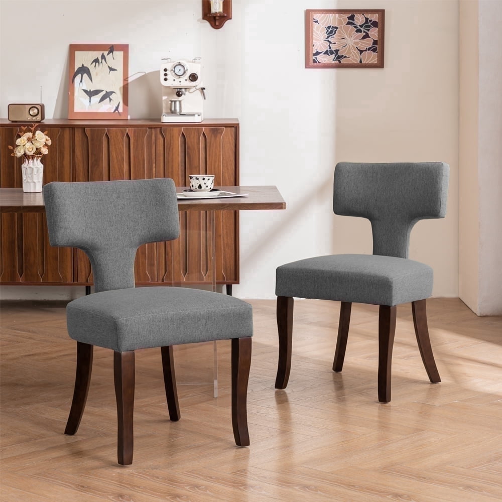 ENYLAY Mid Century Modern Wooden Dining Chairs Set of 2 , Linen Upholstered Armless Wooden Chairs with Curved Backrest for Farmhouse Kitchen/Dining Room (Gray)