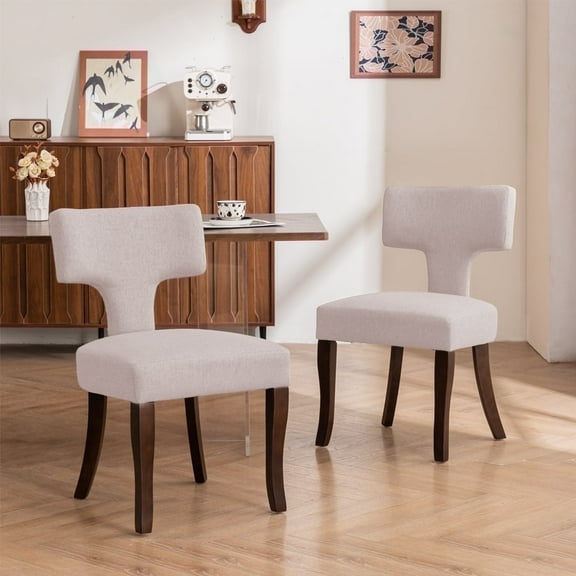 Mid Century Modern Dining Chairs Set of 2, Upholstered Side Dining Chairs with Curved Back Linen Fabric Armless Wood Chairs Kitchen & Dining Room Farmhouse Chairs (White)