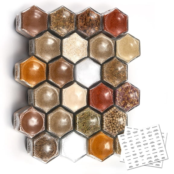 A set of 24 hexagonal glass spice jars with swing lids and labels, suitable for refrigerators, kitchens, RVs, and travel trailers. Magnetic containers