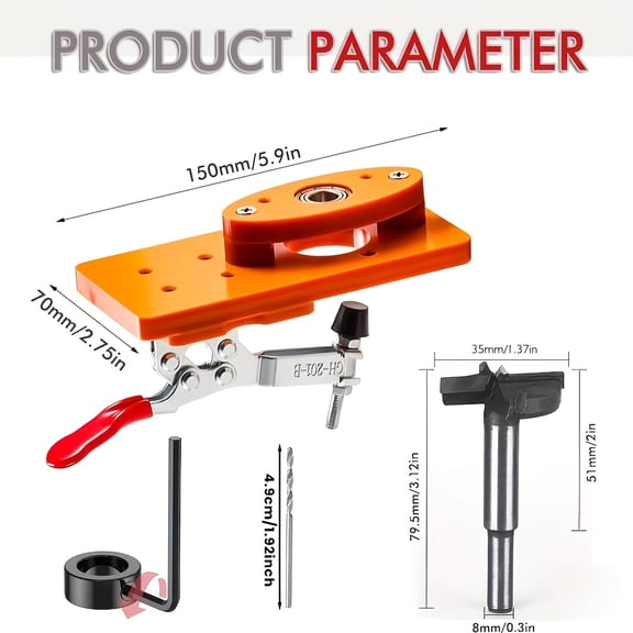 A set of 35mm hinge jigs, a hidden hinge drilling guide kit, and a hinge drilling template locator for cabinet doors, designed for use with drill bits