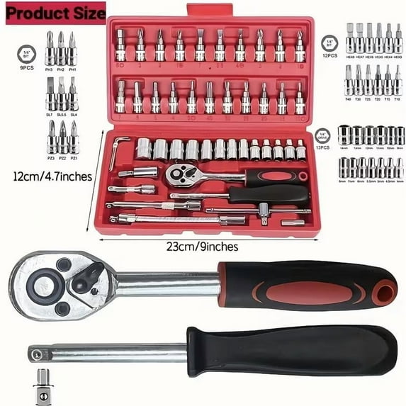 A set of 46 manual toolboxes, socket and wrench kits for car and mechanical maintenance, durable, battery-free, including screwdriver heads, hex wrenches, and tool storage boxes