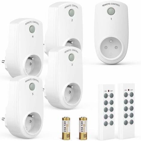 A set of 5 electric programmable sockets, wireless remote control sockets, with 2 remote controls, including 2 batteries, open area control distance of 30m, on/off function