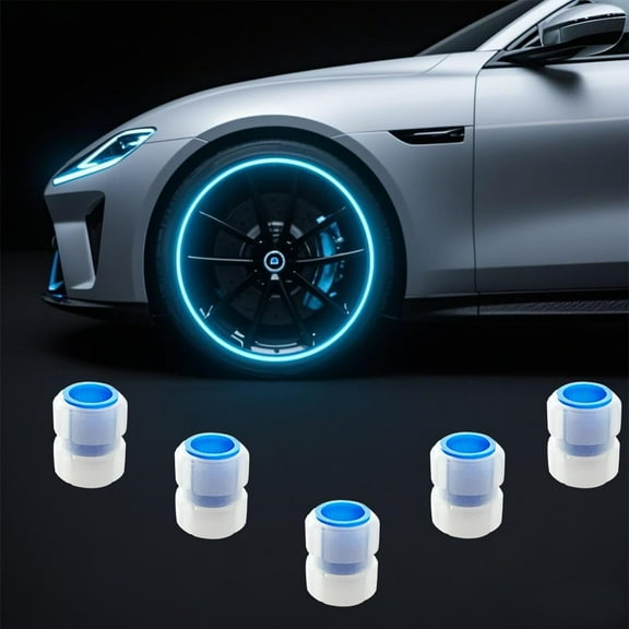 A set of 5 glow-in-the-dark tire valve caps and fluorescent tire pressure gauges, universal type, suitable for cars, trucks, SUVs, motorcycles, and bicycles.