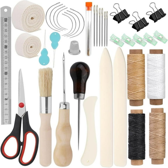 A set of  Binding Tool Kit, for DIY Handmade Book Repairs, Book Binding Starter Tools Kit with Binding Ribbon Glue Brush Waxed Thread, Awl for Bookbinding, Hemp Thread, Scissors