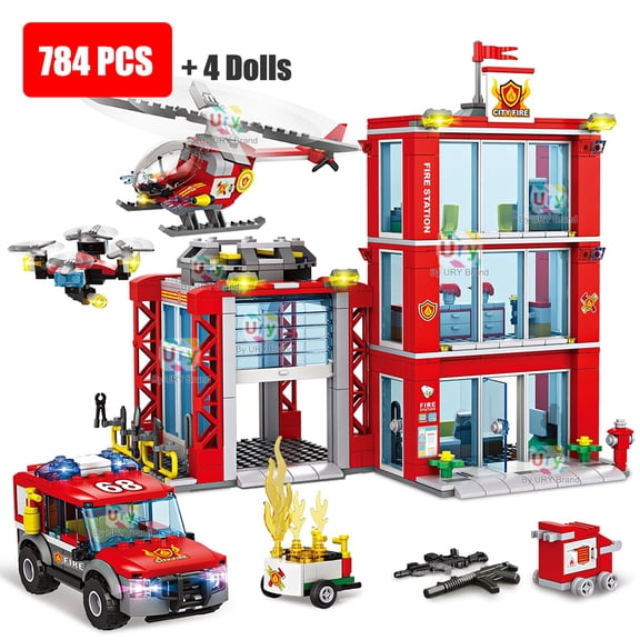 This set combines a fire station, ladder truck, rescue helicopter, fireboat, and aircraft model – everything needed to build a complete city emergency response team