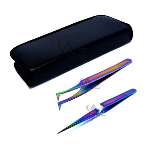 set of 2 stainless steel multi titanium rainbow color 3d eyelash extension tweezers a type angled + x type self retracting fine point (a2z)