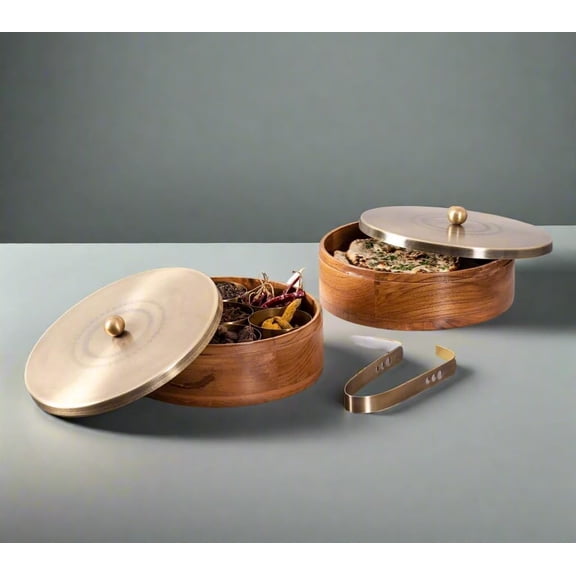 set of 2 wooden with laser etched matching casserole and spice box for kitchen/ gift item, color : gold