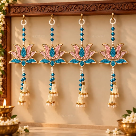 set of 4 Handcrafted Lotus Beaded Wall Hanging for Home Decor | Embroidered Pearl & Blue Bead Work with Elegant Tassel Design