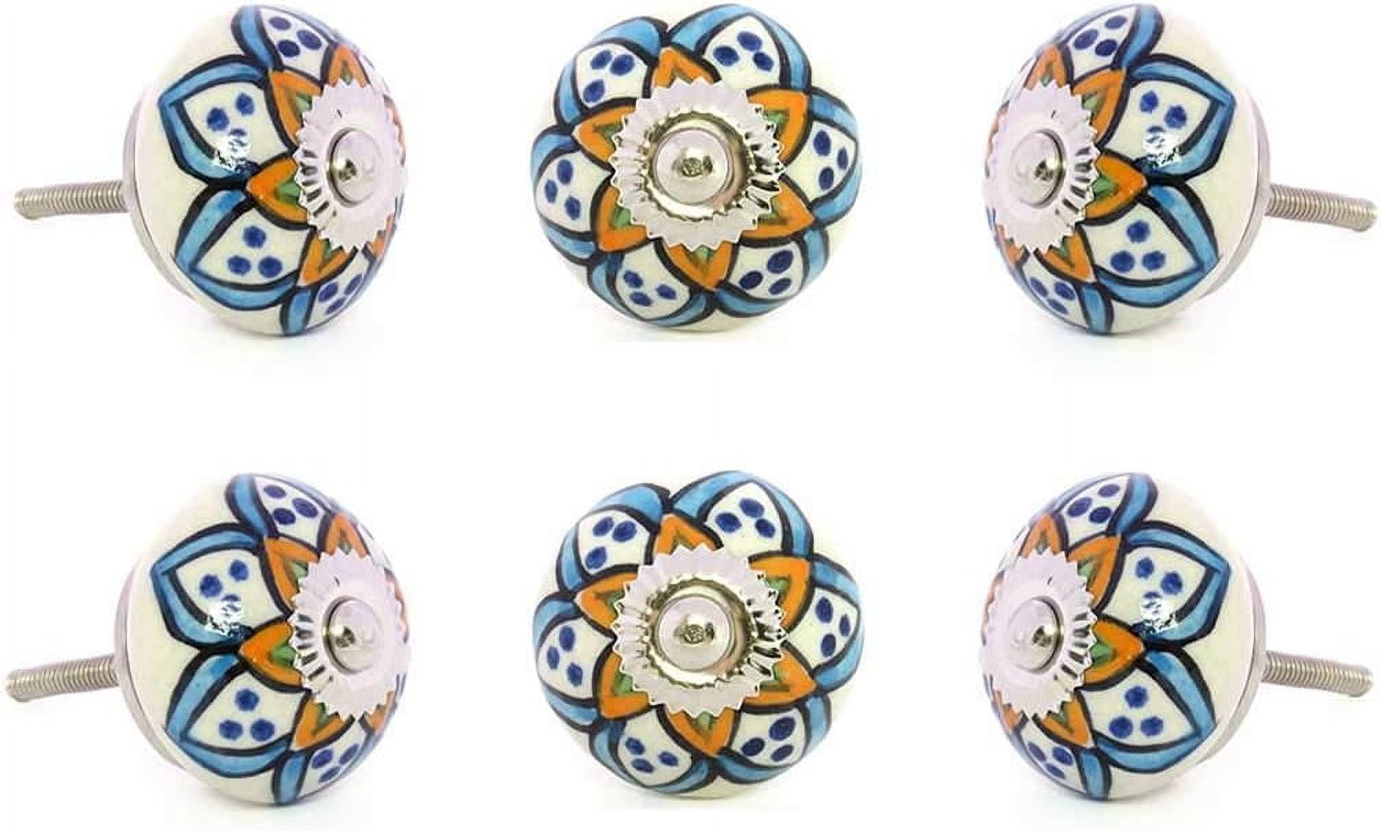 set of 6 yellow blue ceramic cupboard door dresser cabinet knobs pulls ...
