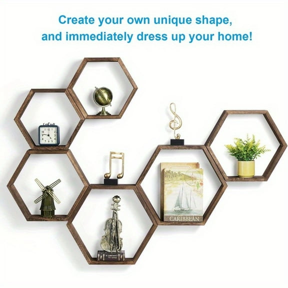 A set of six wall mounted home decor items, including wall mounted hexagonal shelves, wooden storage wall shelves, Christmas decorations, and placement in the living room, bedroom, and offic