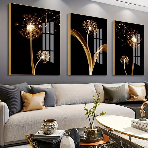 A set of three abstract golden dandelion luxury wall paintings suitable for living room decoration, bedroom, café, classroom, ideal for gifts, frameless