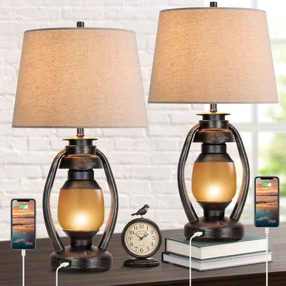 A set of two country-style living room table lamps, a touch-controlled bedside lamp with three-level dimming function, and an LED lantern night light, suitable for bedroom bedside tables.