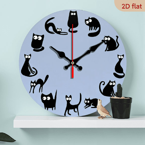A set of wooden silent circular wall clocks featuring 2D flat "cartoon cat" patterns. They are home decorations and would be suitable as gifts for Christmas or New Year.