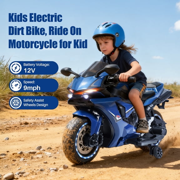 sexaoalx 12V Electric Ride-On Motorcycle, CPC Compliant Battery Powered Motorbike with Training Wheels, Speed Up to 9 MPH for Home Backyard