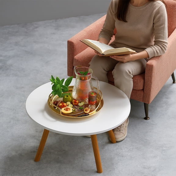 sexaoalx 23.6 Inch Round Dining Table, Nordic Style Small Coffee Table with Solid Wood Legs, Waterproof Leisure Table for Living Room, Cafe, Small Space