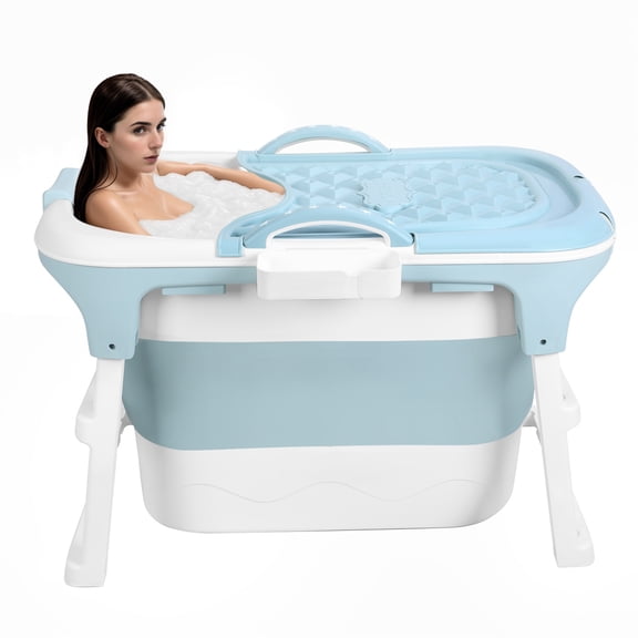 sexaoalx 40.6 Inch Portable Folding Bathtub, Collapsible Soaking Tub with Ergonomic Seat & Massage Rollers, Freestanding Small Bathtub for Home Travel