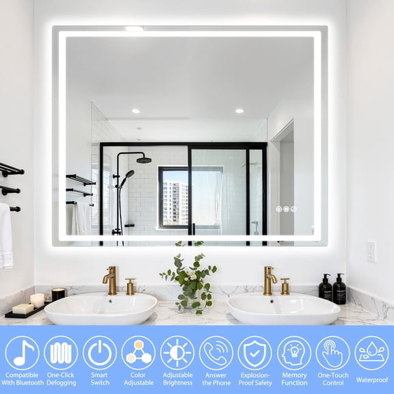 sexaoalx 40x32 Inch LED Bathroom Mirror, Wall Mounted Vanity Mirror with Wireless Speakers, Anti Fog Lighted Mirror with 3 Color Temperature & Memory