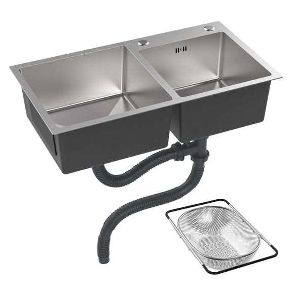sexaoalx Double Bowl Kitchen Sink 30.7 x 16.9 Inch, Drop-In Stainless Steel Sink with Nano Coating, Top-Mount 2 Bowl Sink with Drain Assembly for Modern Kitchen