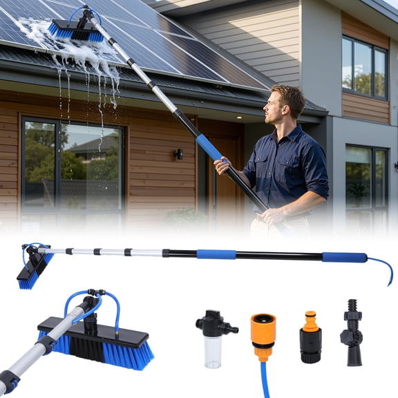 sexaoalx Solar Panel Cleaning Kit, 20FT Telescopic Water Fed Pole with 180° Rotating Soft Brush & Soap Dispenser for High Reach Window, RV, Patio, Outdoor Cleaning
