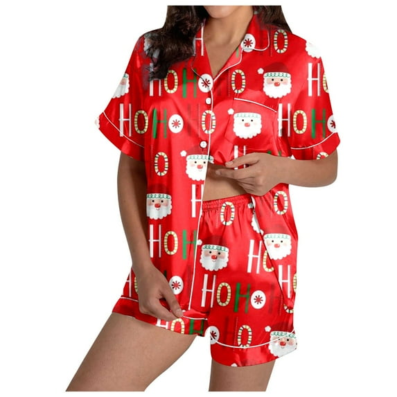 sexy split short pajama sets for women lace trim satin sleep shorts Women's Christmas HoHo Snowflake Print Shorts & Short Sleeve Pajama Set
