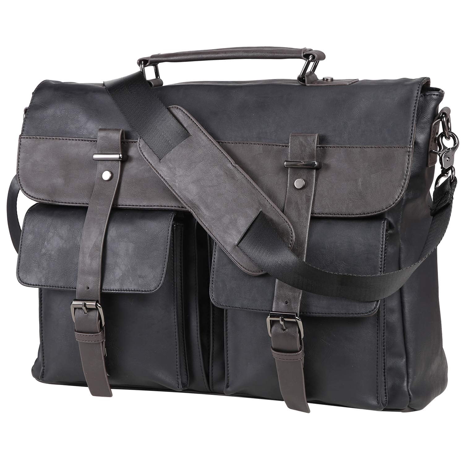 seyfocnia Men's Vintage Black 17.3 Inch Water Resistant PU Leather Laptop Bag, Messenger Bag, Satchel, Briefcase