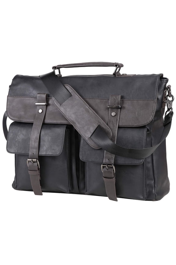 Men's Vintage Black 17.3 Inch Water Resistant PU Leather Laptop Bag, Messenger Bag, Satchel, Briefcase