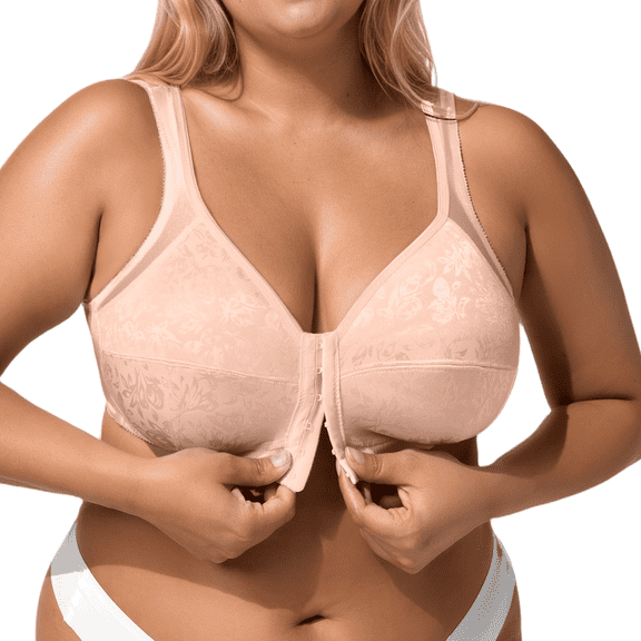SHARICCA Women's Minimizer Bra Front Closure Non Padded Full Coverage Wire-Free Bras Comfortable Wide Strap, Plus Size Bras PinkBeige 100D