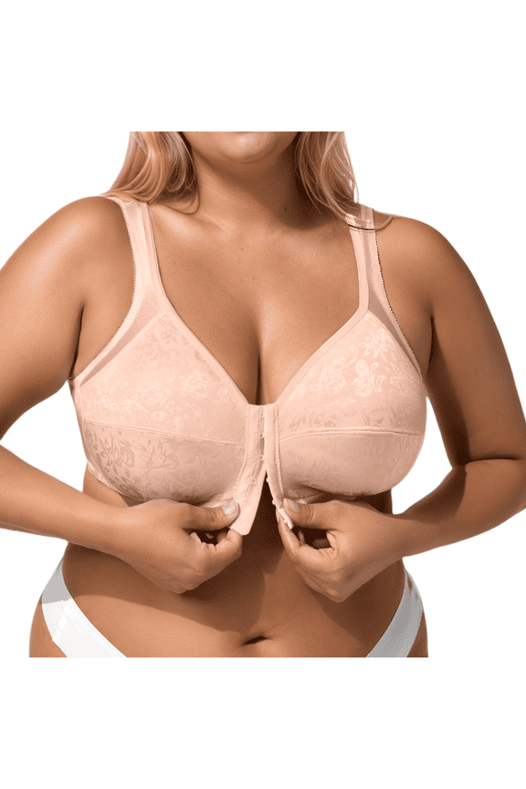 Women's Minimizer Bra Front Closure Non Padded Full Coverage Wire-Free Bras Comfortable Wide Strap, Plus Size Bras PinkBeige 95D