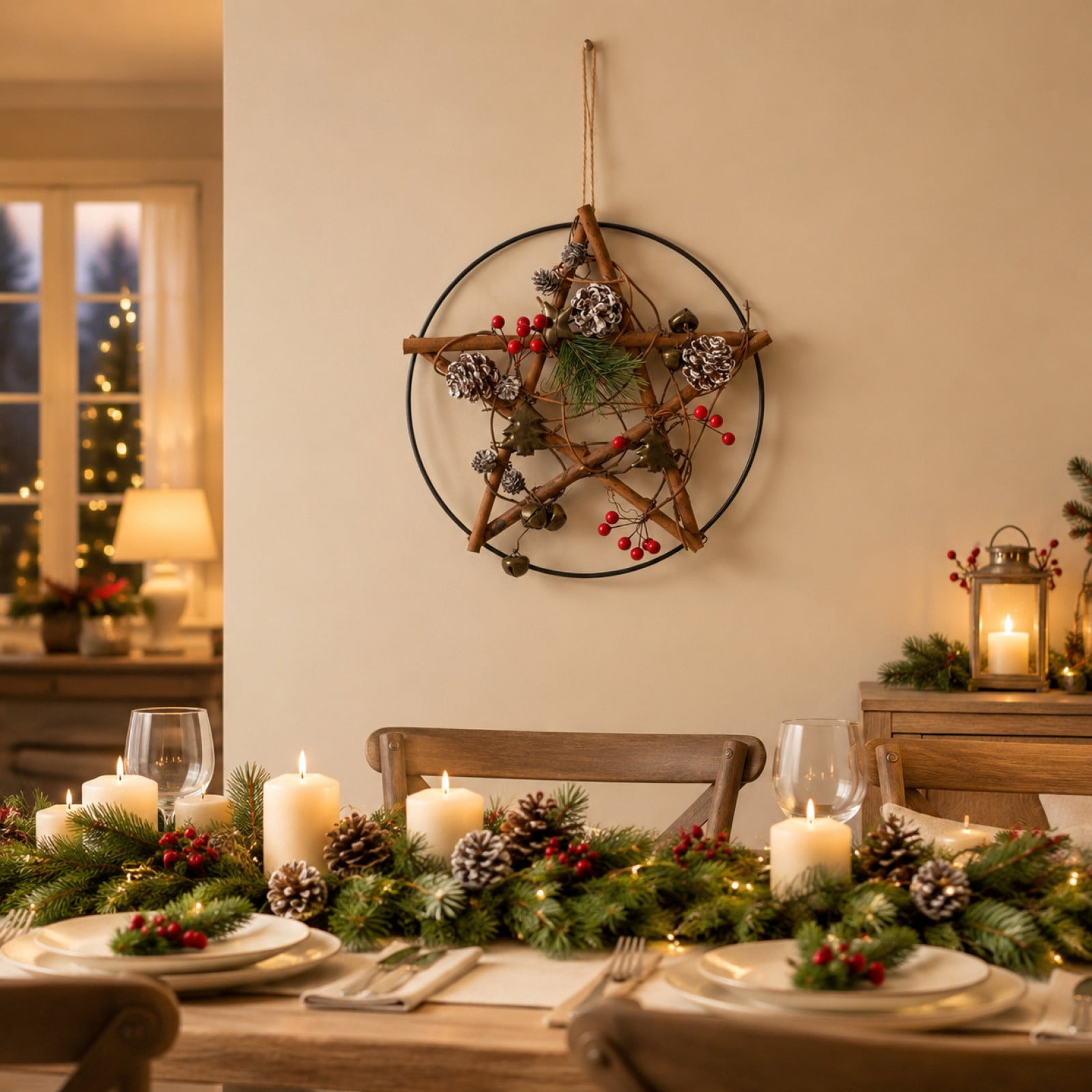 shcqptf Rustic Twig Star Wreath with Pinecones Berries for Holiday ...