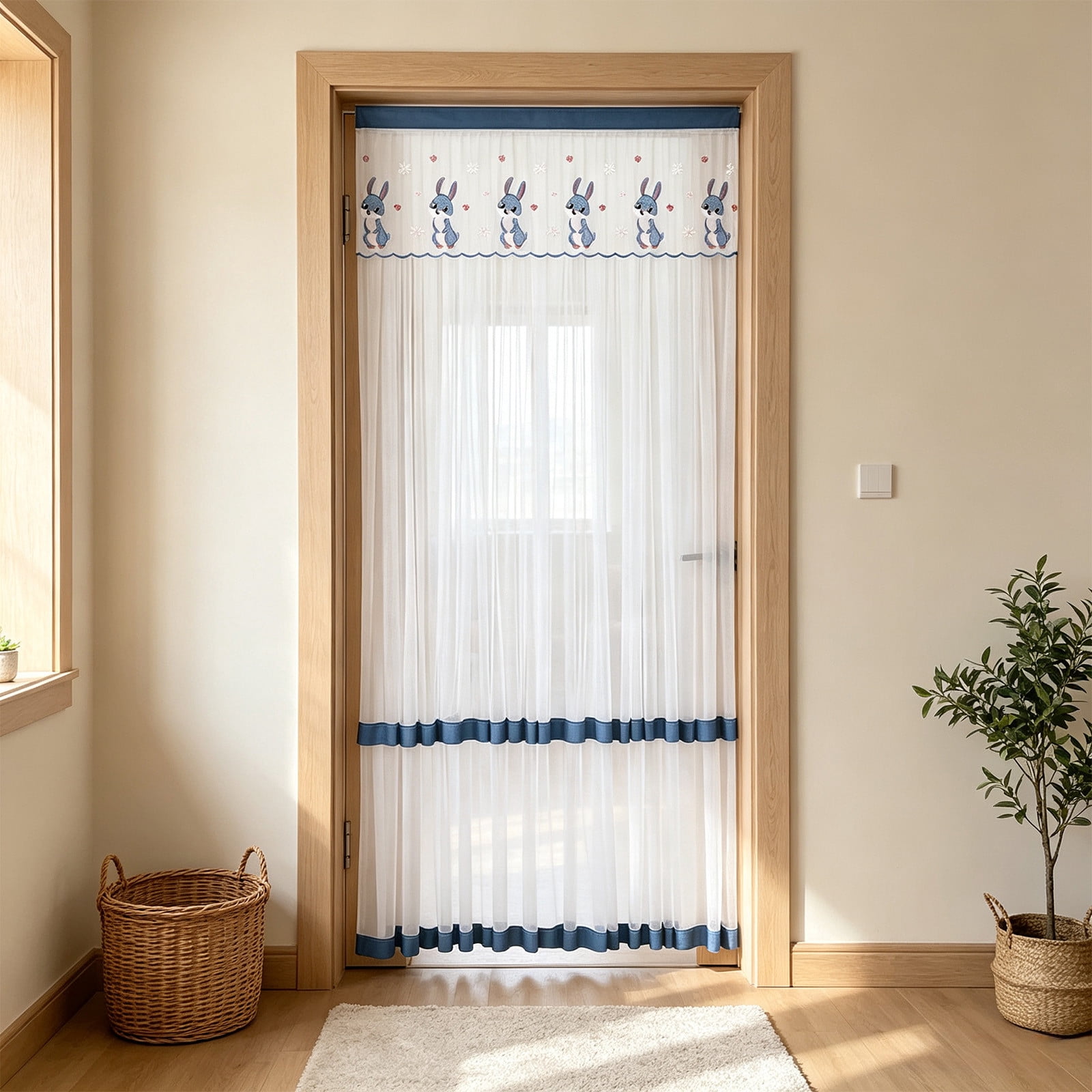 shcqptf Sheer Door Curtain Rabbit Embroidery Mesh Screen Curtain Bug ...
