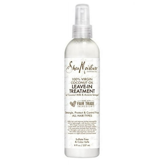 shea moisture 100% virgin coconut oil leave-in treatment, shine curly and tame frizz for tangle-free hair, all natural certified organic, 8 ounce