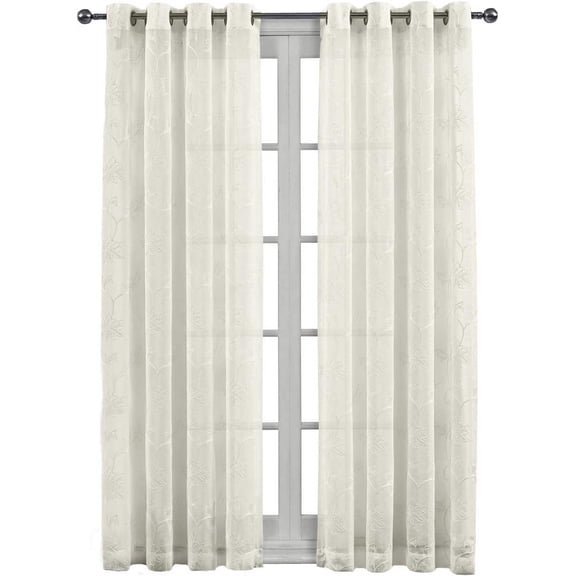 sheetsnthings Embroidered Andora 108-Inch Wide x 84-Inch Long, Set of 2 Grommet Top Sheer Window Curtains, Beige