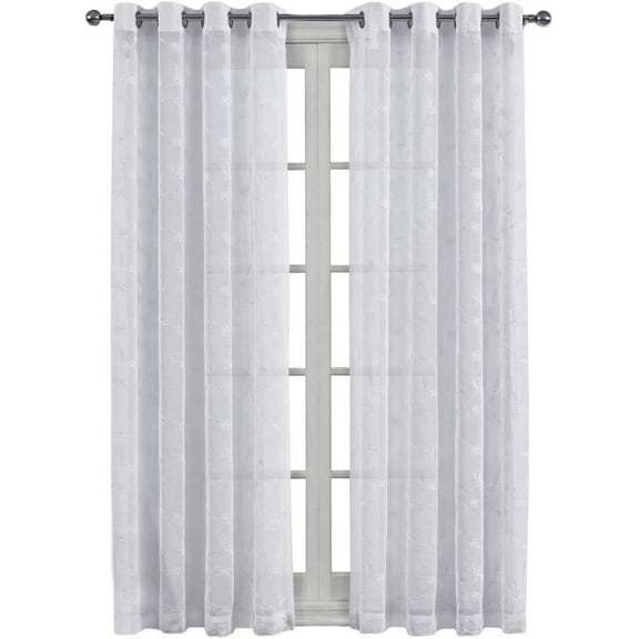 sheetsnthings Embroidered Brook 108-Inch Wide x 63-Inch Long, Set of 2 Grommet Top Sheer Window Curtains, White