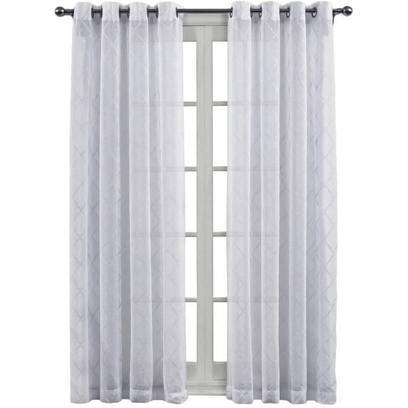sheetsnthings Embroidered Harvard 108-Inch Wide x 96-Inch Long, Set of 2 Grommet Top Sheer Window Curtains, White