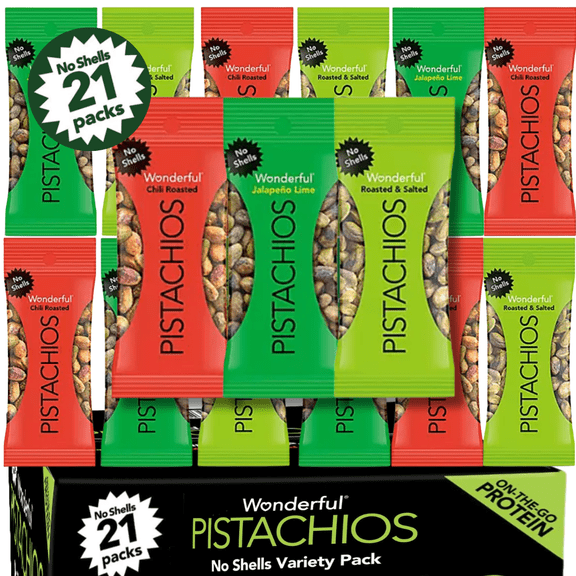 No shell Pistachio Variety Pack 21 Individual Snack Packs, Roasted & Salted Pistachios, Convenient Single Serve Nut Snacks for On-the-Go, Lunches & Vending