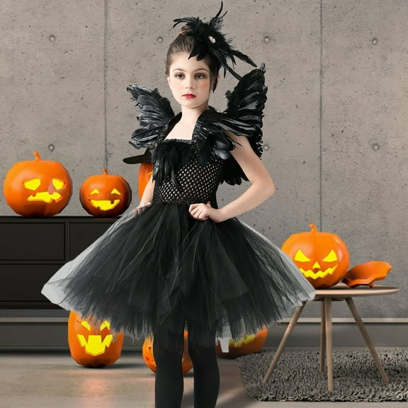 shenmeida Girls Sleeveless Dress Cute Skirted Evil Wings Princess Dress Witch Clothes Halloween Party Supplies