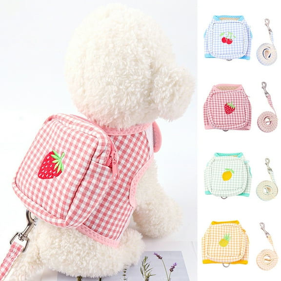shenmeida Pet Backpack Leash, Lattice Pattern Detachable Vest Style Small Dog Snack Storage Bag Harness with Traction Rope