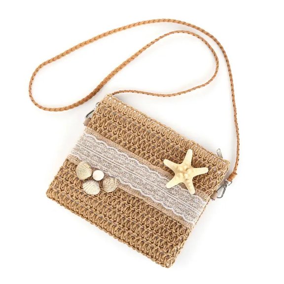 shine mark Beige Sea Stars & Shells Crossbody Straw Bag
