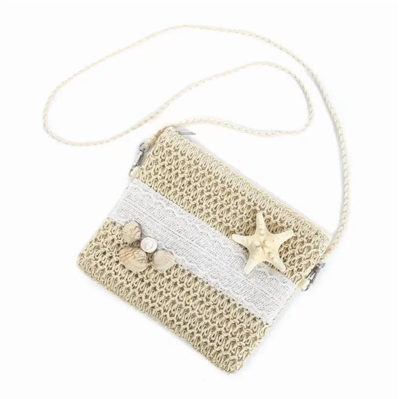 shine mark Cream Sea Stars & Shells Crossbody Straw Bag